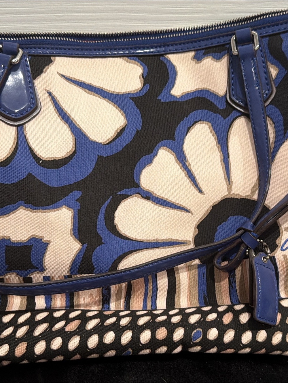 Coach Blue Floral Canvas Tote with Cream Accents